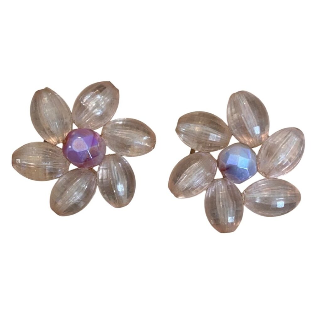 Vintage German Clip-On Floral Earrings With Faceted Central Gemstone